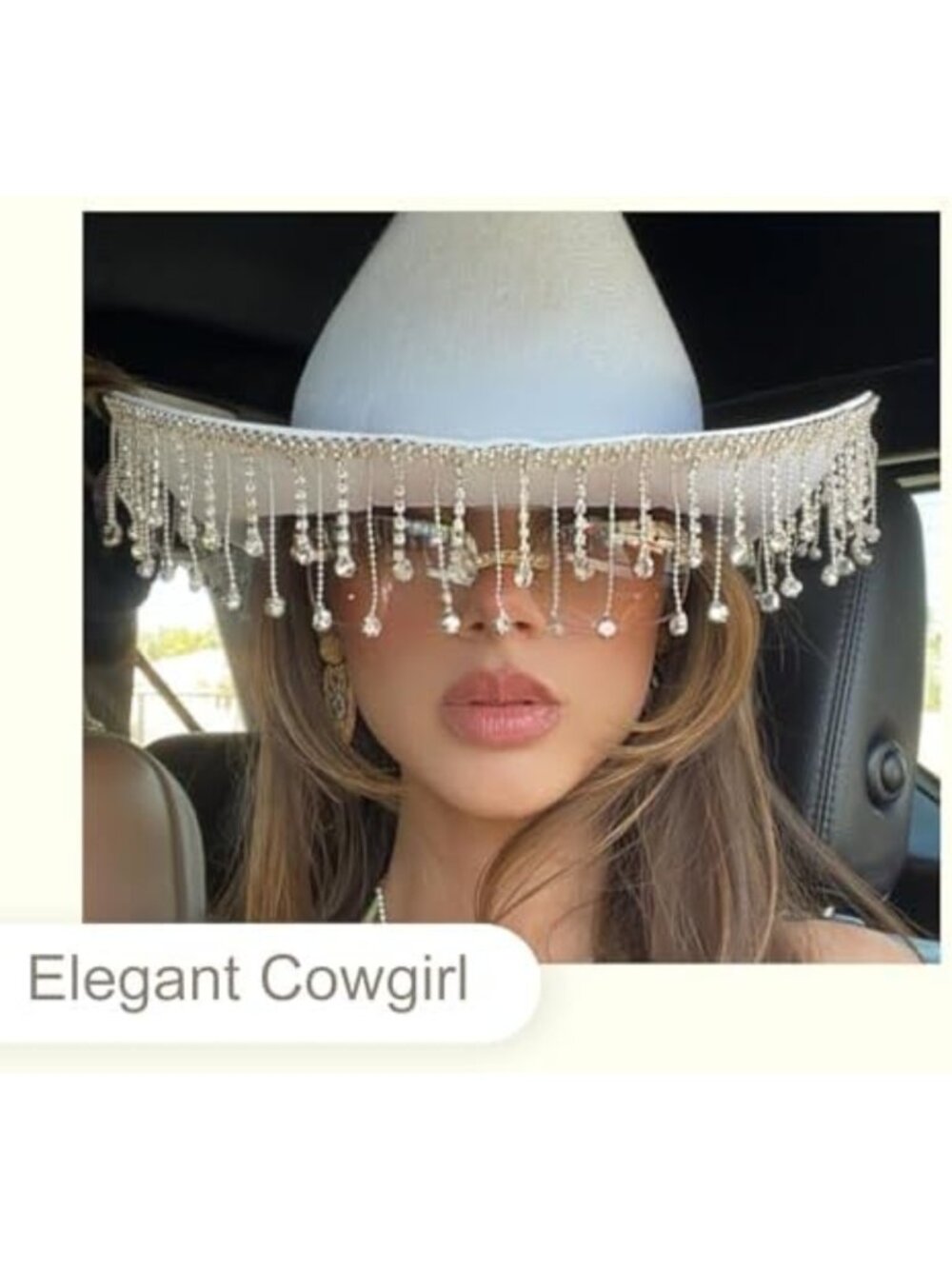 Rhinestone Fringe White Cowboy Hat with Chin Cord - Stylish Western Cowgirl - Picture 2 of 7